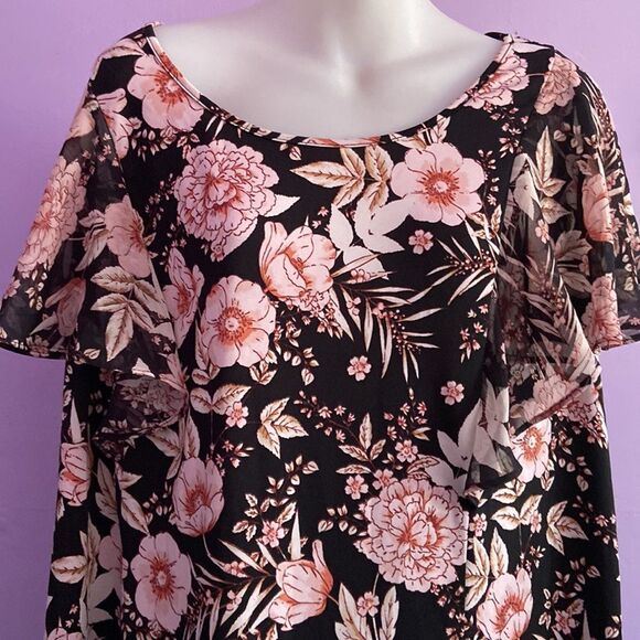 Per Seption Women's Sheer Ruffle Blouse Black Pink Floral Short Sleeve 2XL - Picture 2 of 5